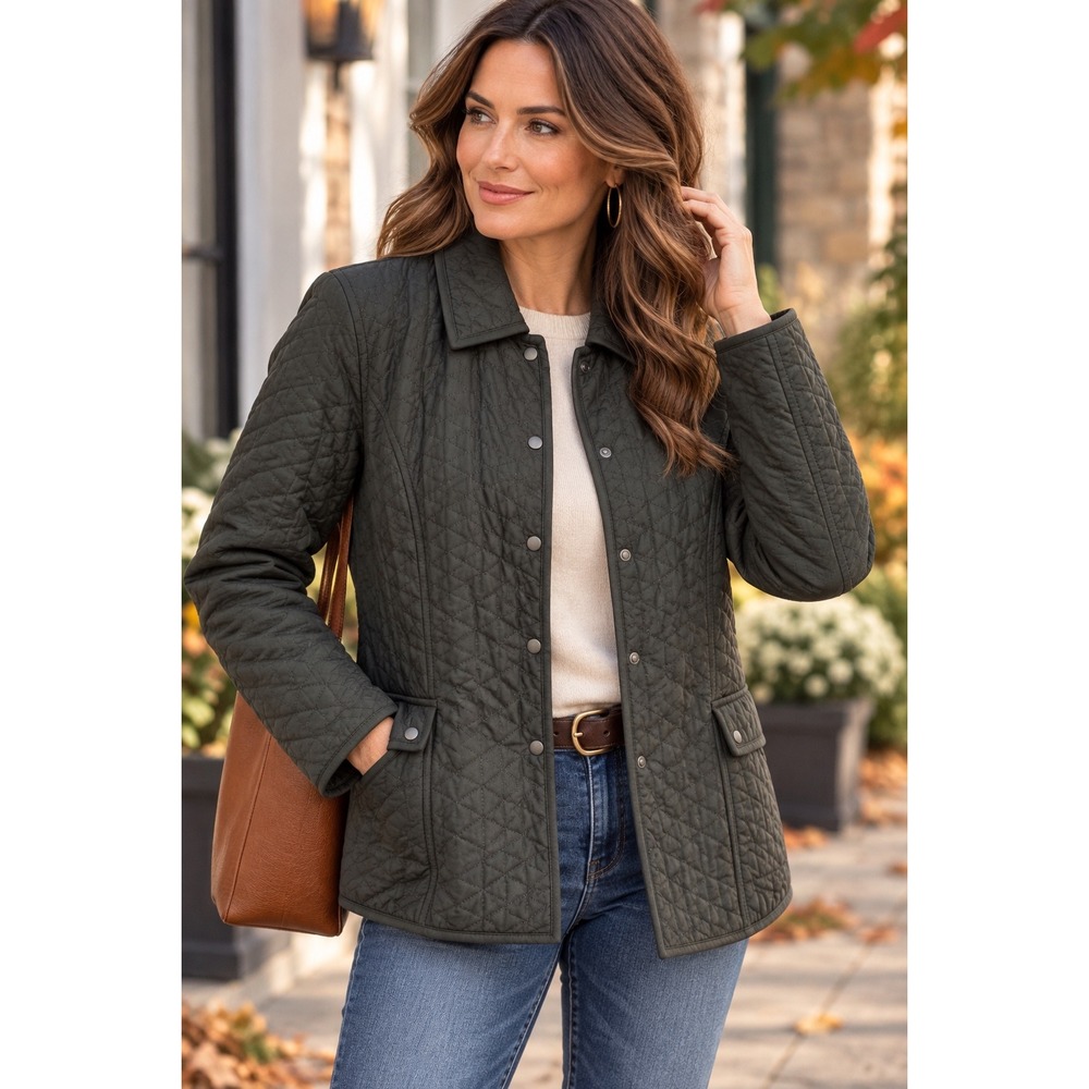 Sigrid Olsen Sport Womens Quilted Barn Jacket Olive Green Snap Front Size L